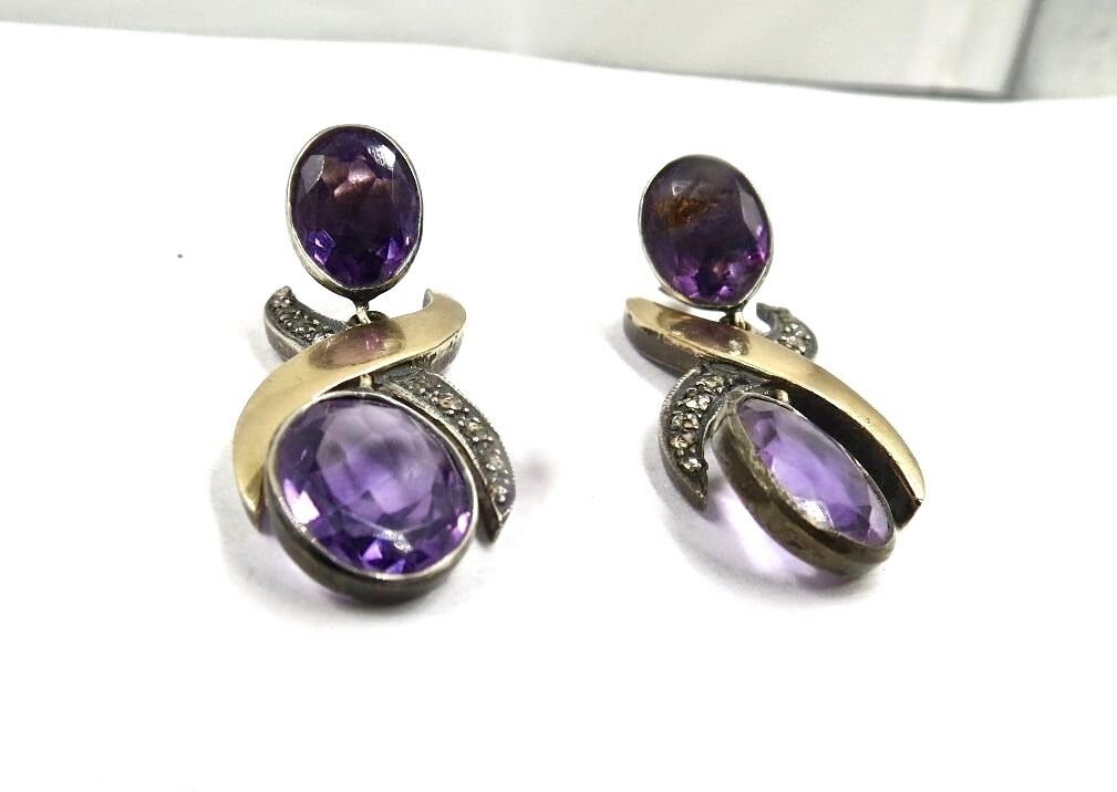 Natural Amethyst Cut Diamond 18K Gold 925 Silver Gemstone Fine Victorian Earring