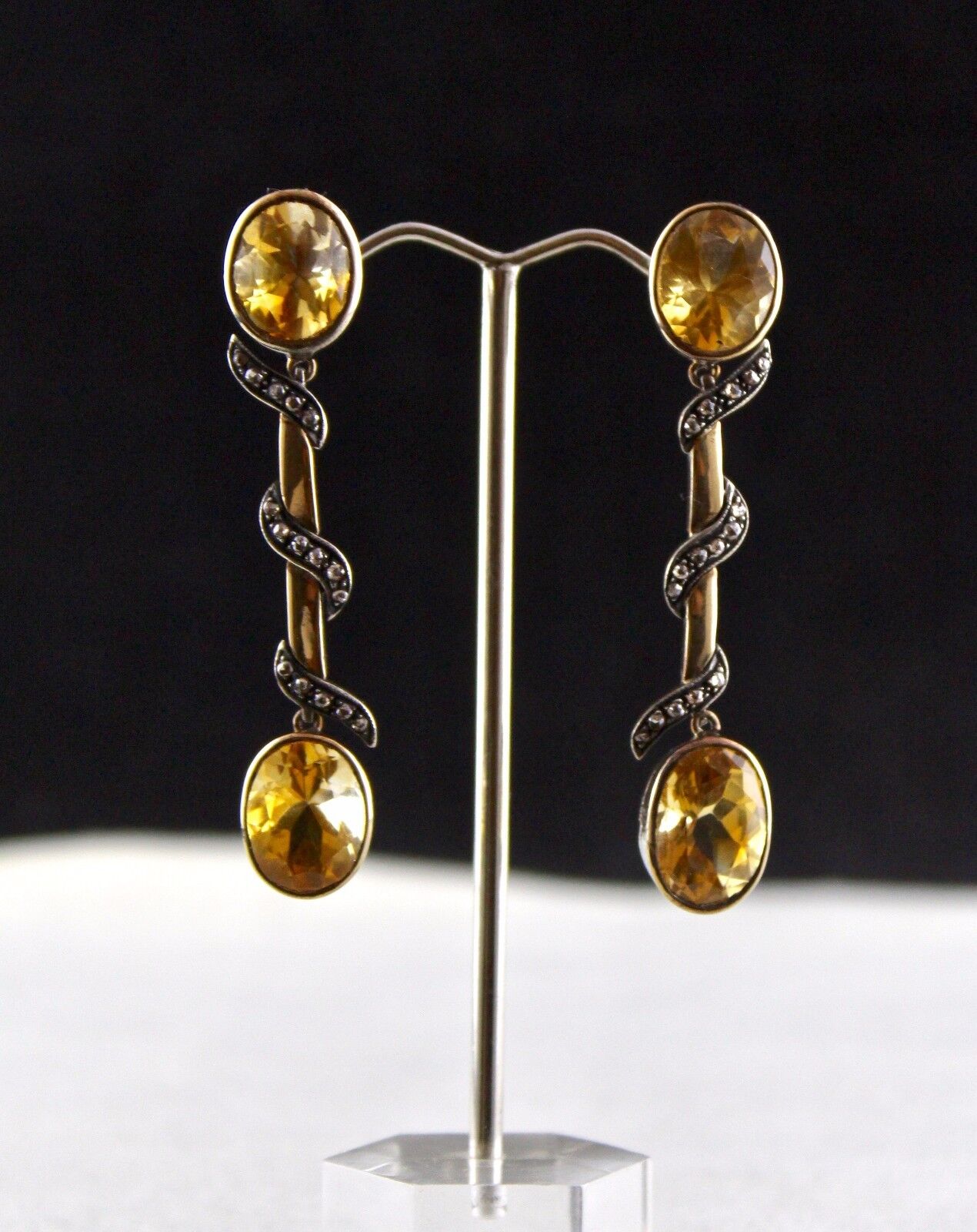 Unique Natural Yellow Citrine Oval Diamond 18K Gold 925 Silver Victorian Earring