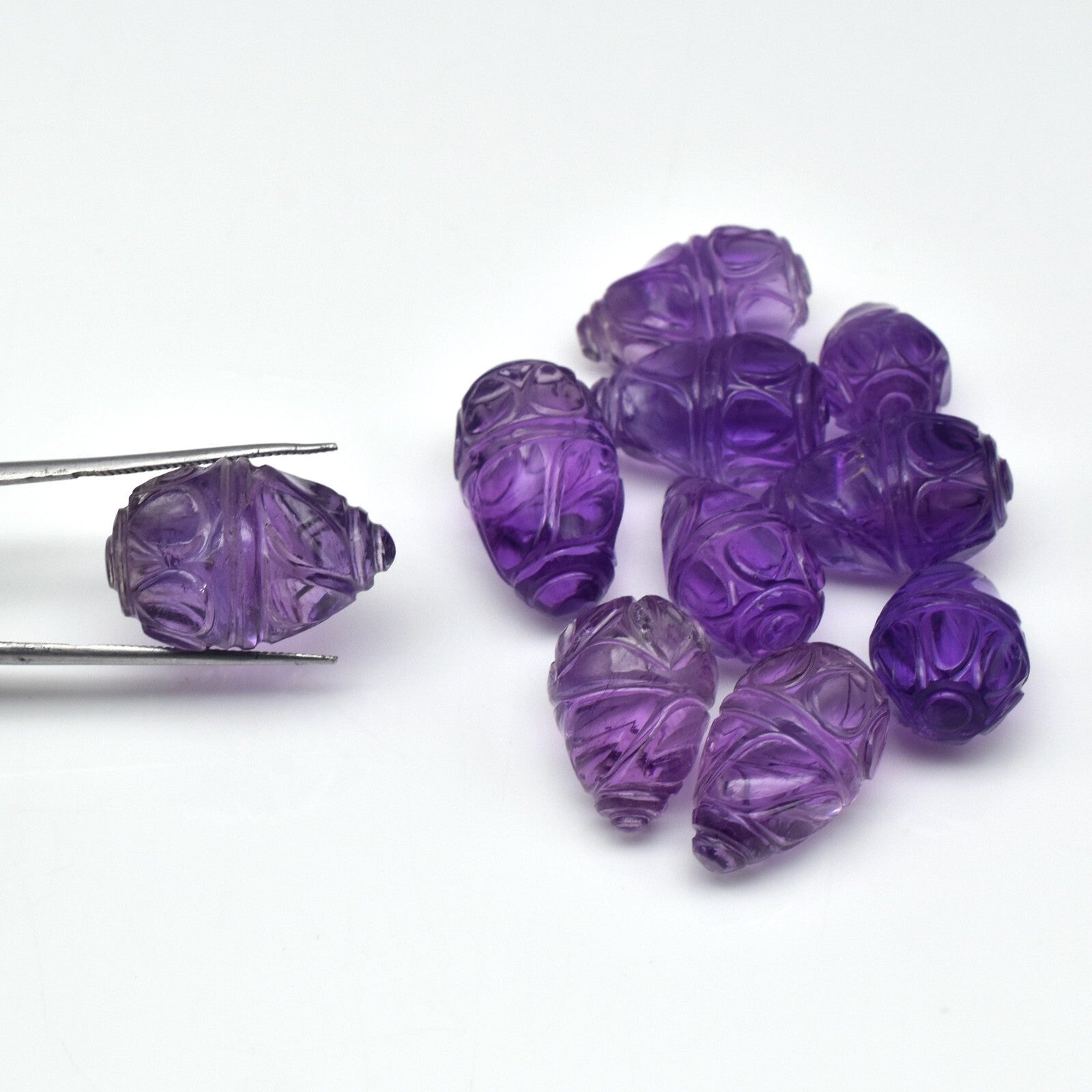 Certified Natural Amethyst 202ct Engraved Drop Earring Necklace Set Silver 10pc