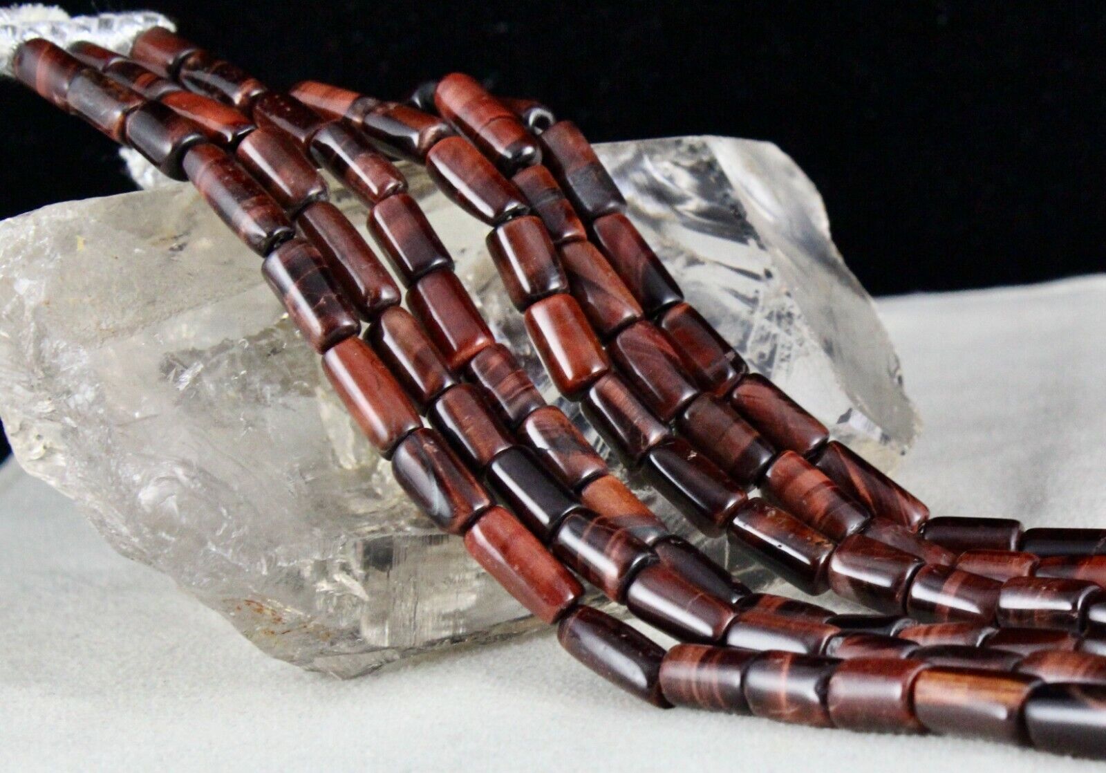 NATURAL RED TIGER EYE BEADS FANCY LONG 3 LINE 545 CTS GEMSTONE LADIES NECKLACE