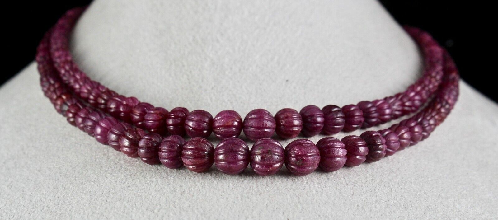 FINE NATURAL RUBY BEADS CARVED MELON 2 LINE 403 CARAT PRECIOUS GEMSTONE NECKLACE