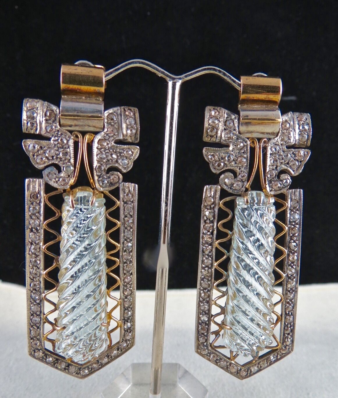 BLUE AQUAMARINE STONE & BEADS DIAMOND GOLD SILVER VICTORIAN EARRING PENDANT SET