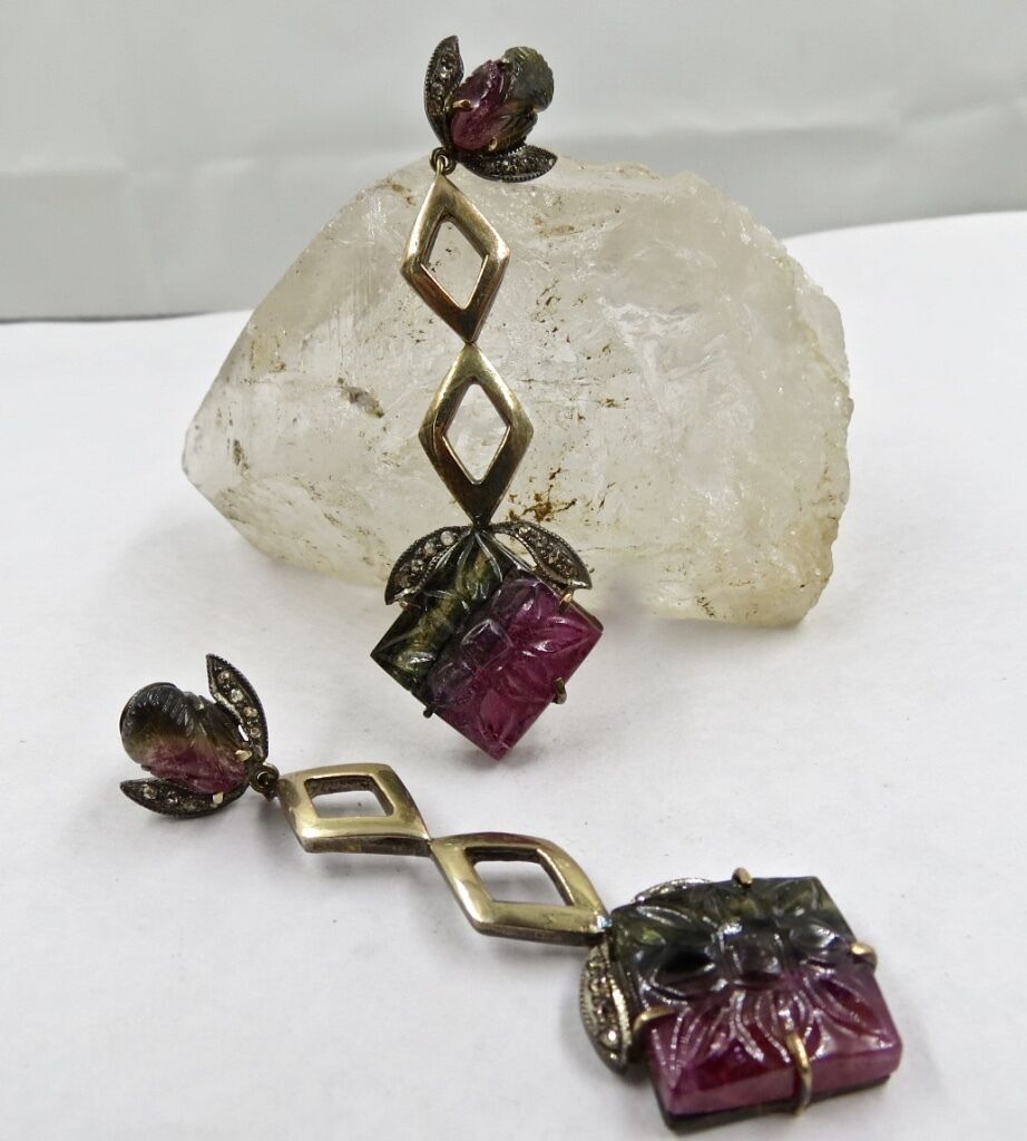 NATURAL MULTI TOURMALINE GEMSTONE DIAMOND 18K GOLD 925 SILVER VICTORIAN EARRING