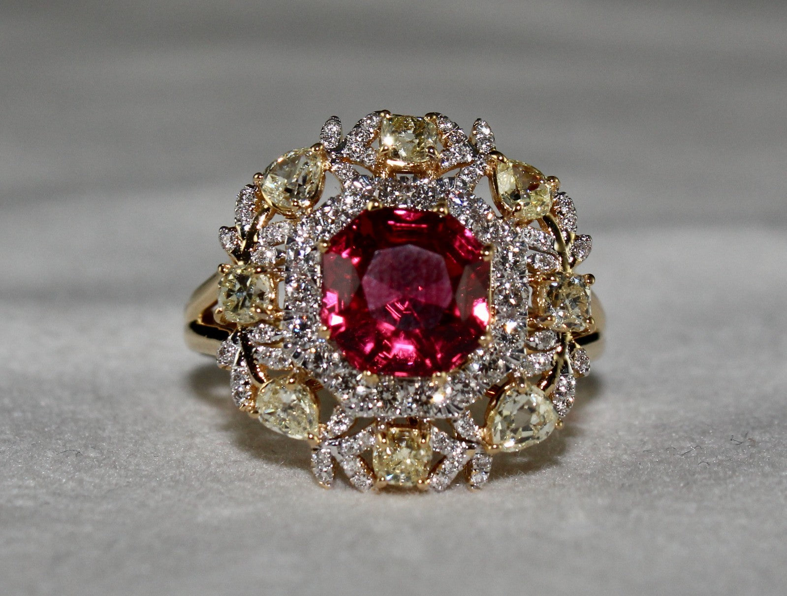 Certified Natural Red Spinel Ring Cut Diamond 18K Gold Statement Finest Jewelry