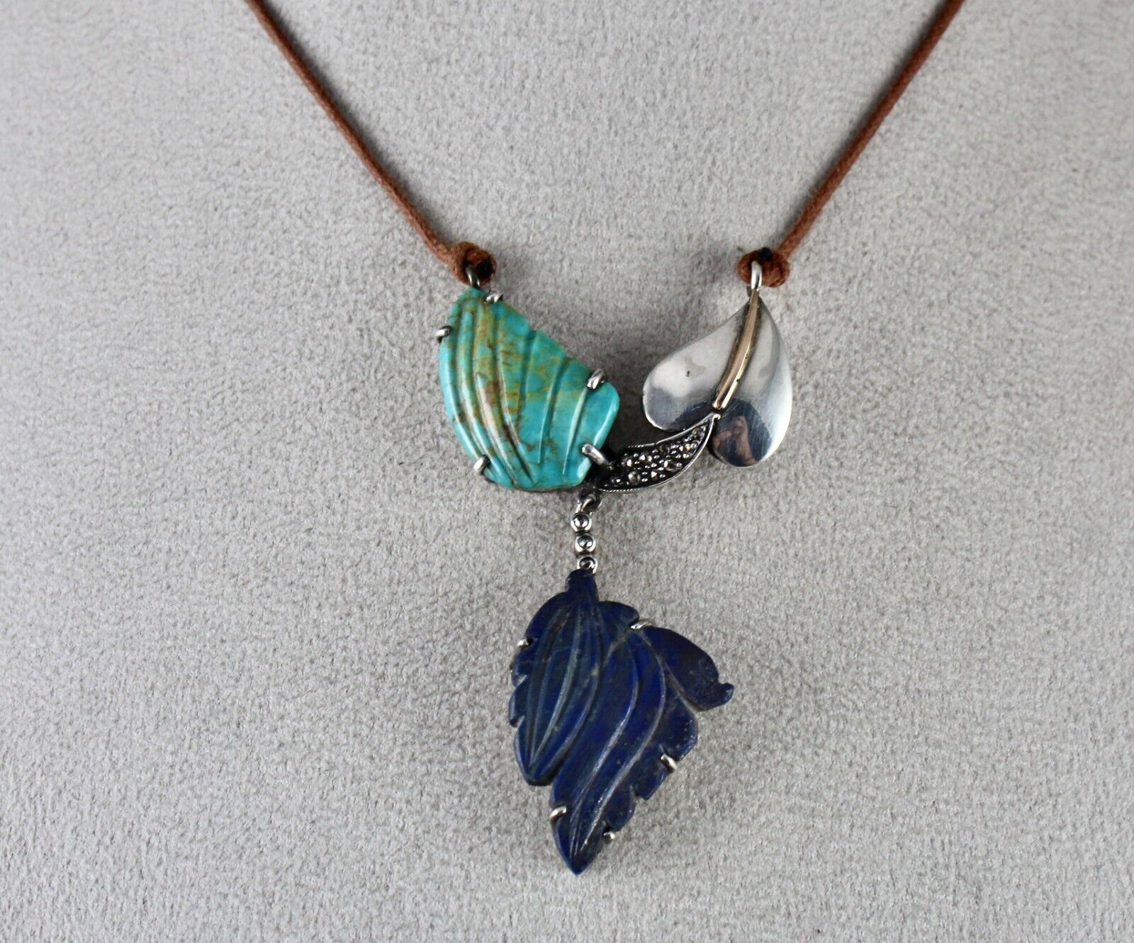 TURQUOISE LAPIS LAZULI CARVED LEAF DIAMOND VICTORIAN 925 SILVER & GOLD PENDANT