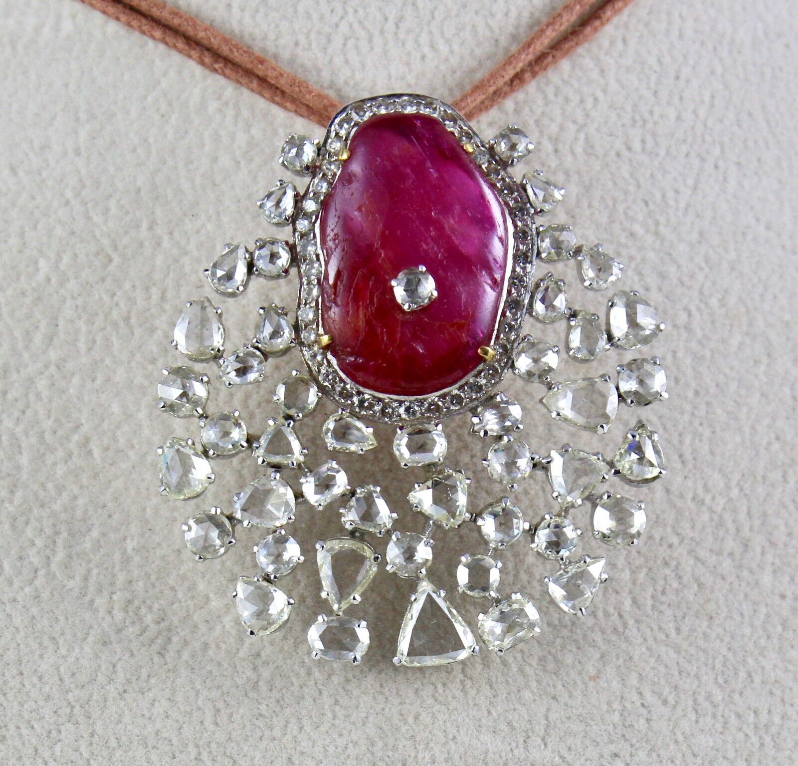 NATURAL NO HEAT BURMA RUBY CABOCHON ROSE CUT DIAMOND 18K GOLD PENDANT BROOCH