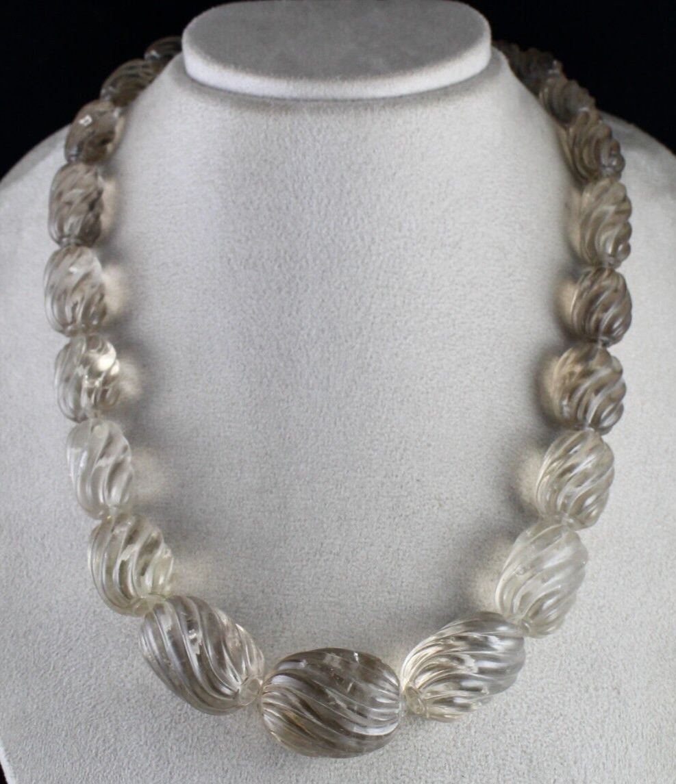 BIG NATURAL SMOKY QUARTZ BEADS CARVED OVAL 1195 CT GEMSTONE SILVER NECKLACE