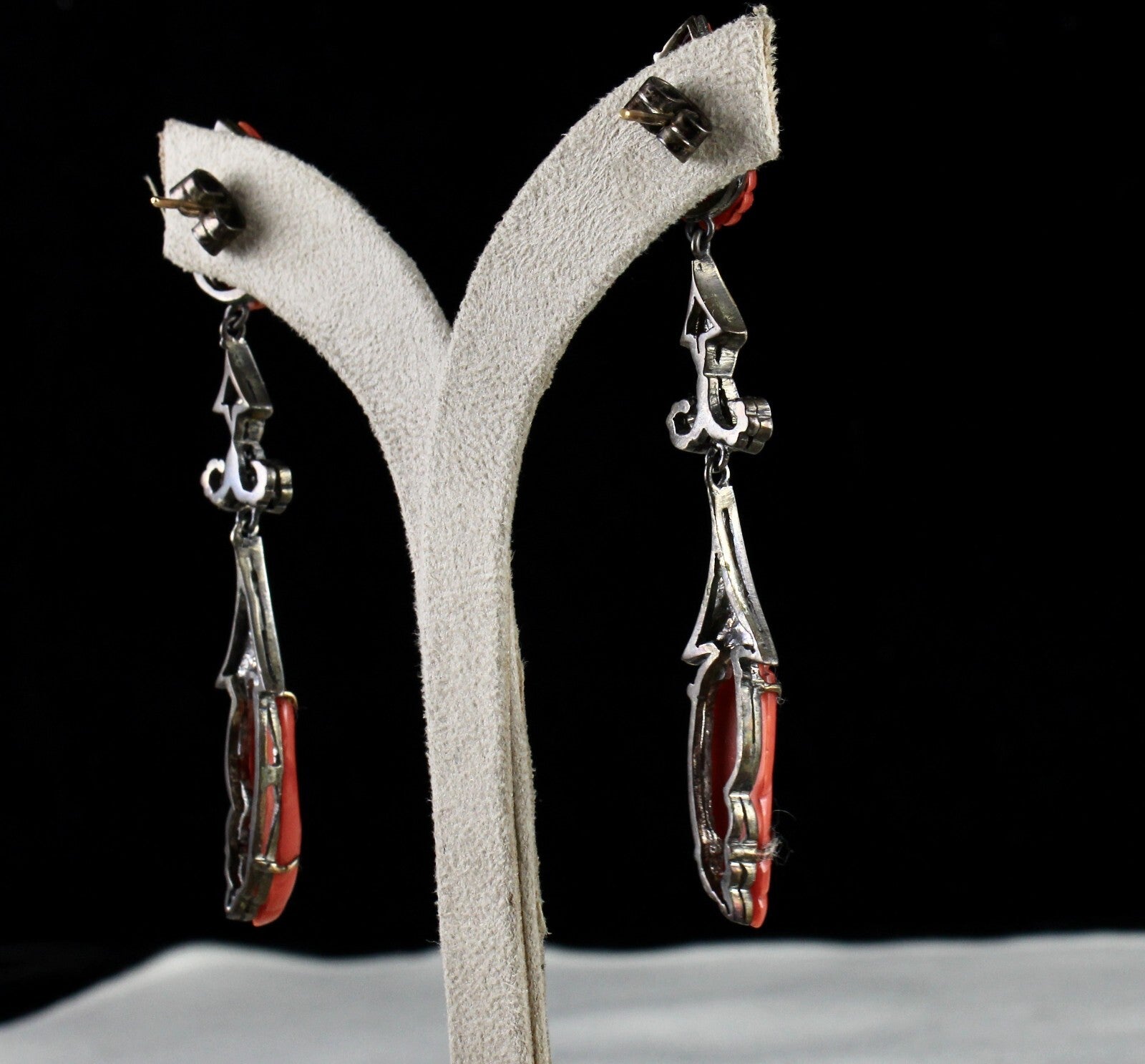 Certified Estate Red Coral 10ct Natural Diamond 18k And Sterling Silver Earrings