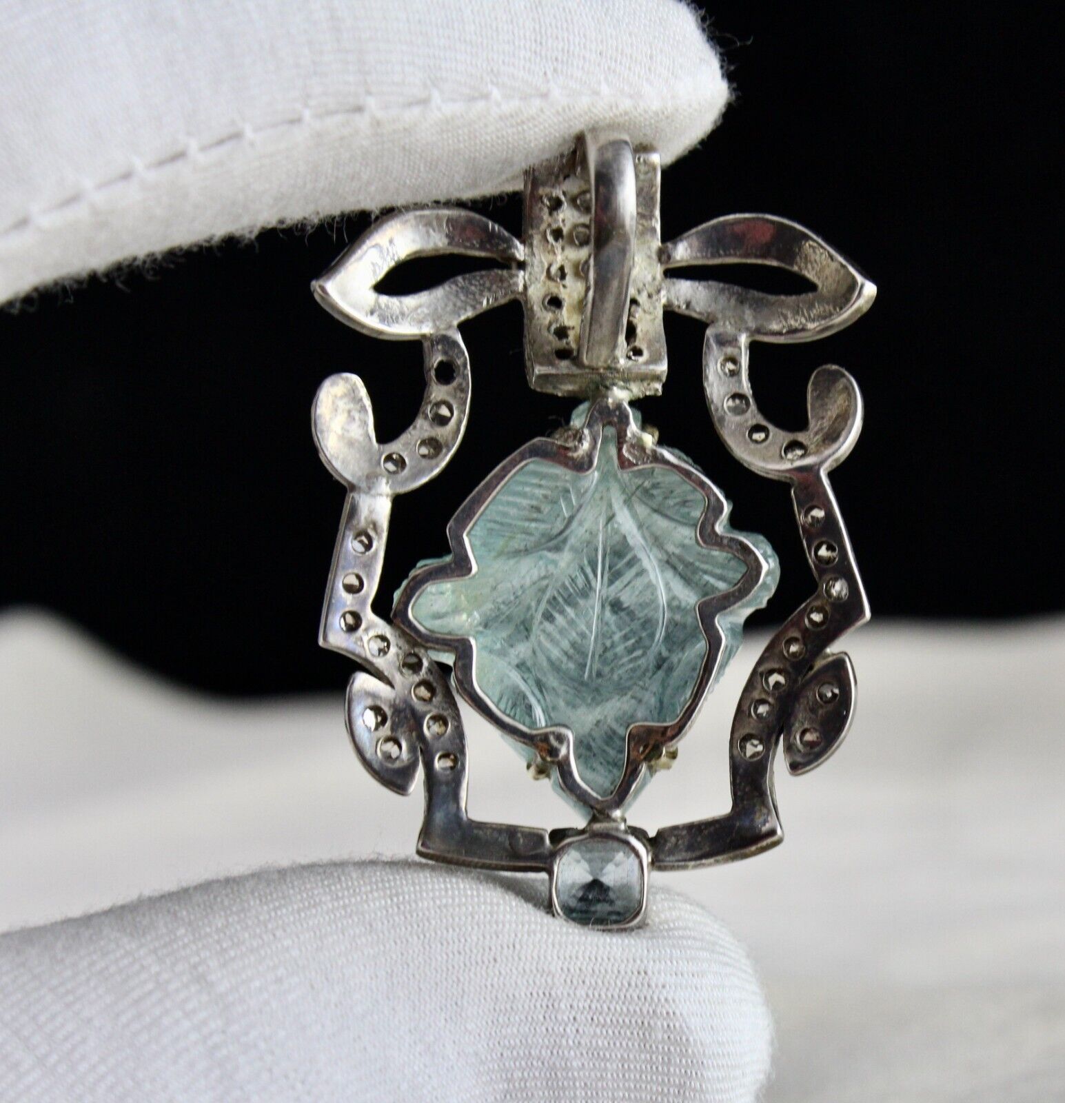 Natural Blue Aquamarine Carved Diamond 18K Gold 925 Silver Victorian Pendant