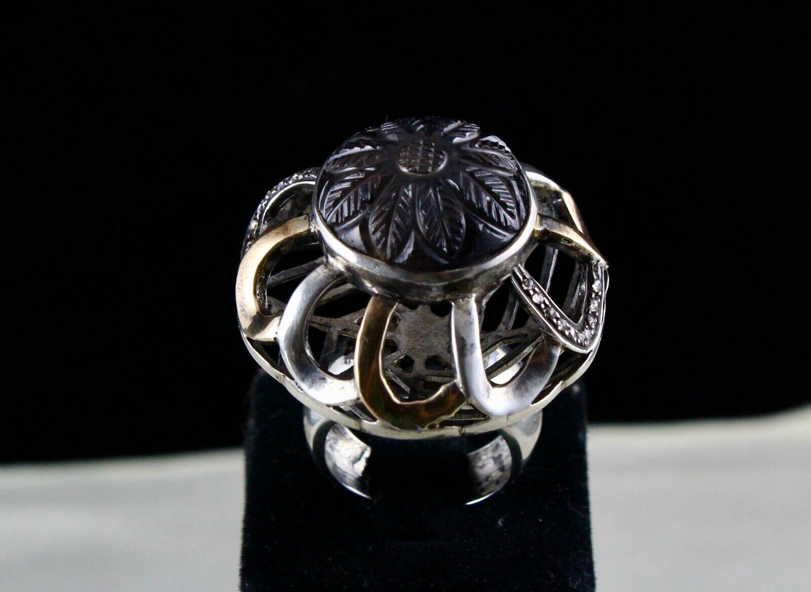 NATURAL IOLITE ROUND CARVED DIAMOND 18K GOLD SILVER VICTORIAN BIG COCKTAIL RING