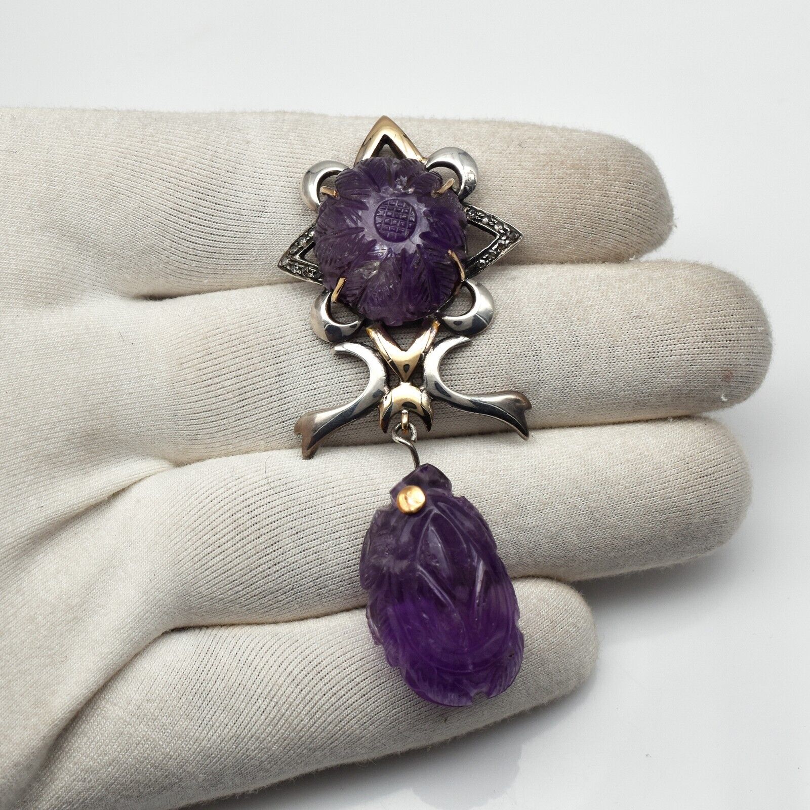 Vintage Natural Amethyst Engraved Diamond 18K Gold 925 Silver Victorian Pendant