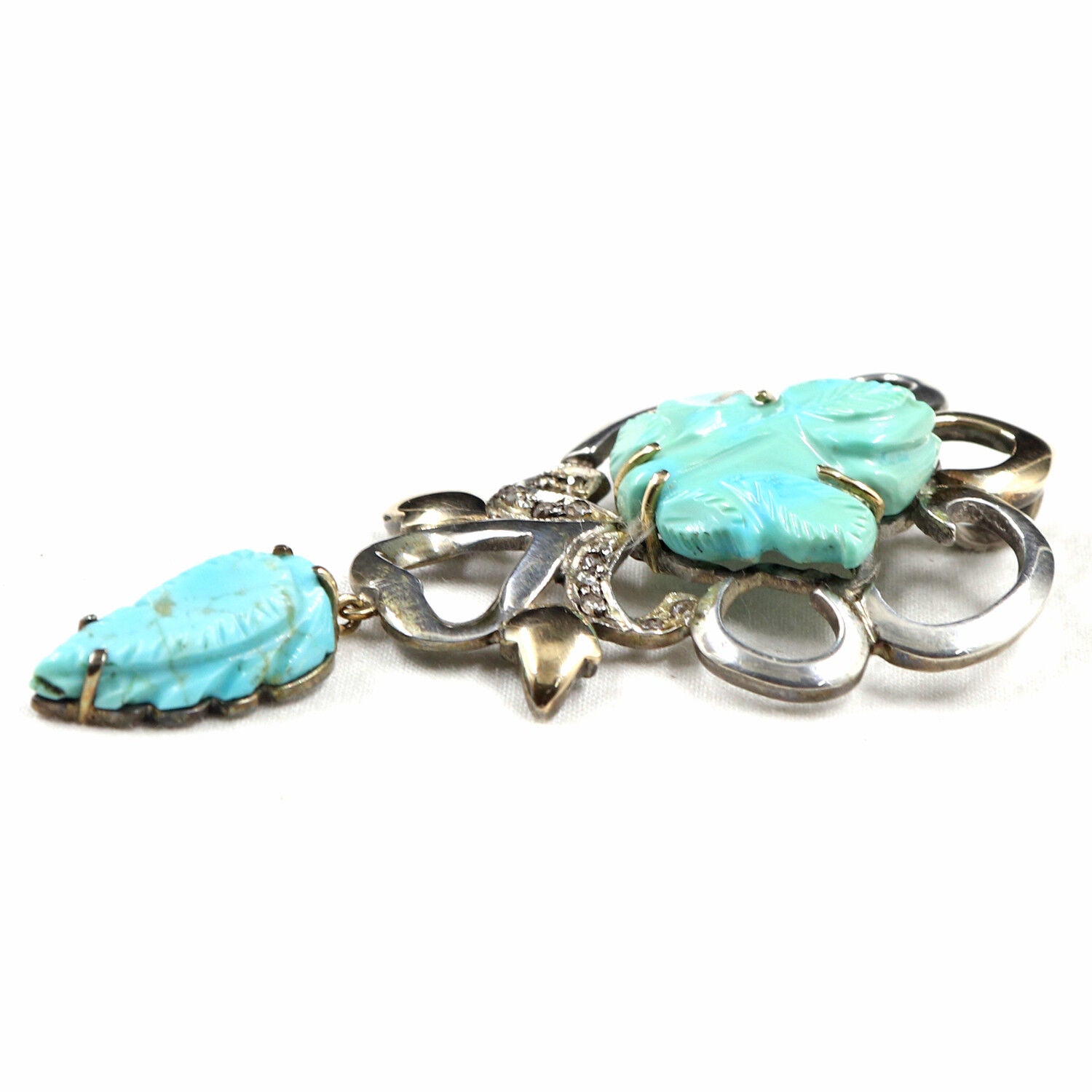 NATURAL REAL TURQUOISE CARVED DIAMOND VICTORIAN PENDANT IN 925 SILVER & GOLD