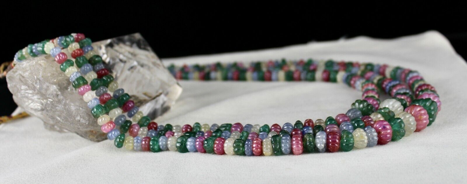 Certified Natural Emerald Ruby Sapphire Beads 1173 Ct Melon Carved Fine Necklace