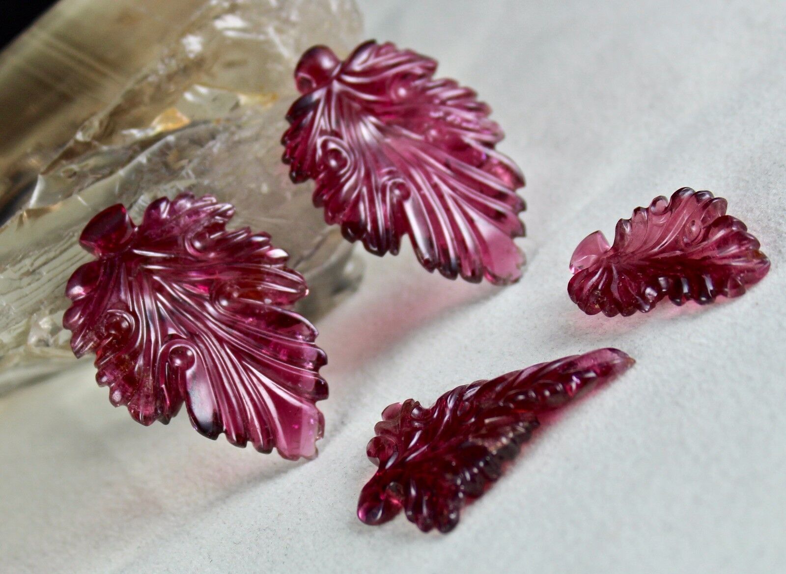 NATURAL PINK TOURMALINE CARVED LEAVES 4PCS 151 CTS GEMSTONE EARRING RING PENDANT