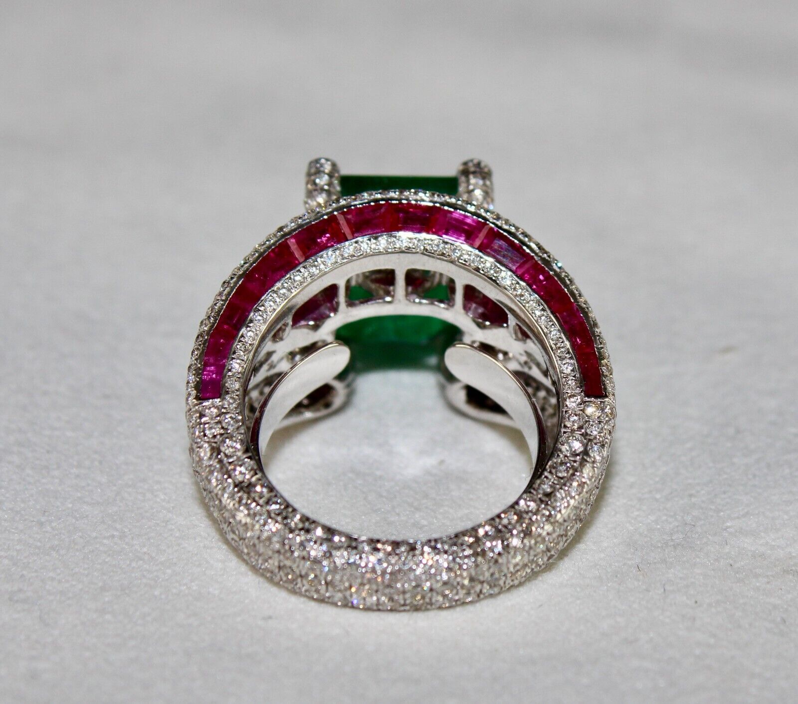 Zambia Emerald Octagon Ruby Cut Diamond Cocktail Ring, 18K Gold Statement Ring