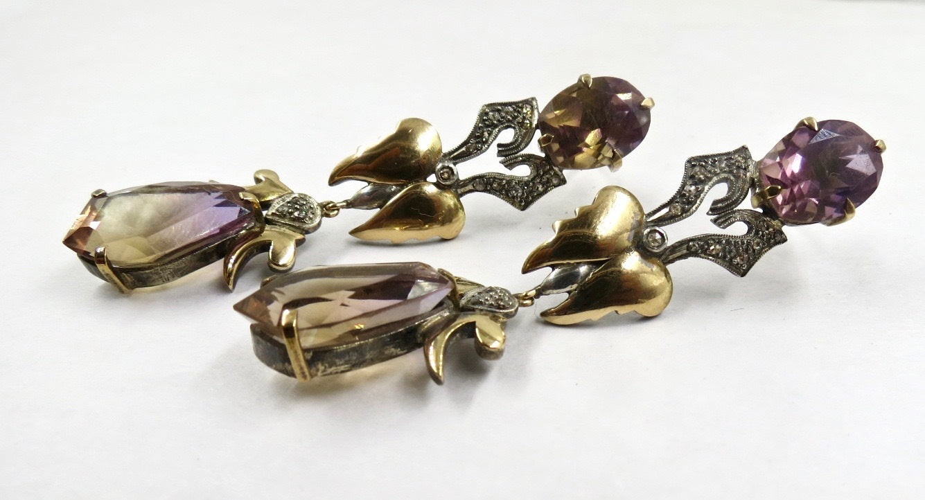 Certified Natural Ametrine 99.67ct Victorian 18k Gold & Sterling Silver Earrings