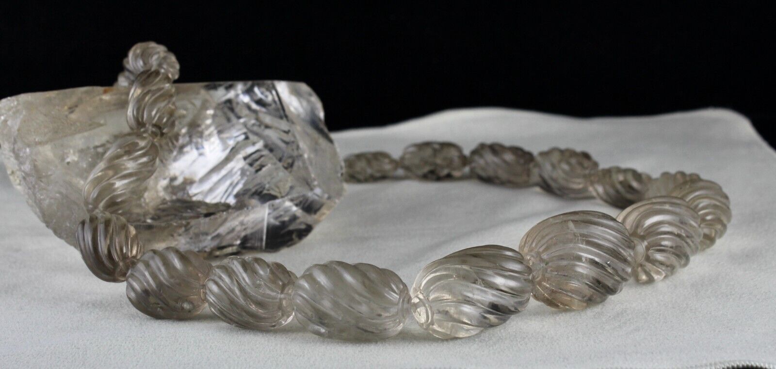 BIG NATURAL SMOKY QUARTZ BEADS CARVED OVAL 1195 CT GEMSTONE SILVER NECKLACE