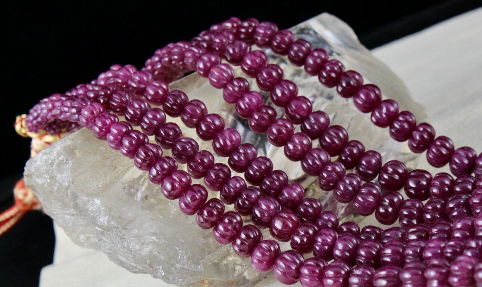 NATURAL UNTREATED RUBY BEADS CARVED MELON 3 LINE 1378 CARATS GEMSTONE NECKLACE