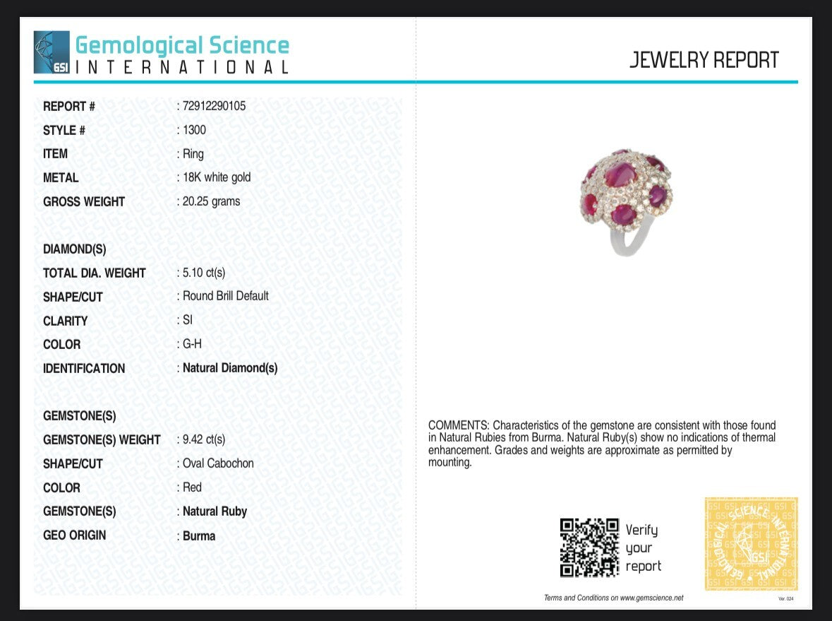 Certified Natural Burmese Ruby 10ct Cabochon Natural Diamond 18k Gold Ring