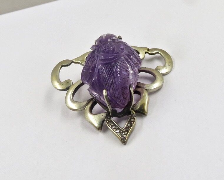NATURAL PURPLE AMETHYST CARVED GEMSTONE DIAMOND STUDDED SILVER PENDANT