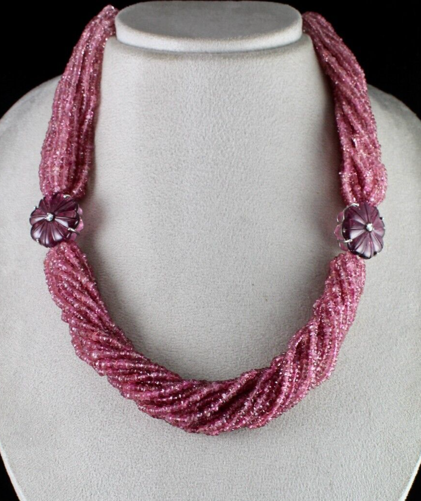 Natural Pink Tourmaline Carved & Beads 878 Ct Stone Diamond Silver Fine Necklace