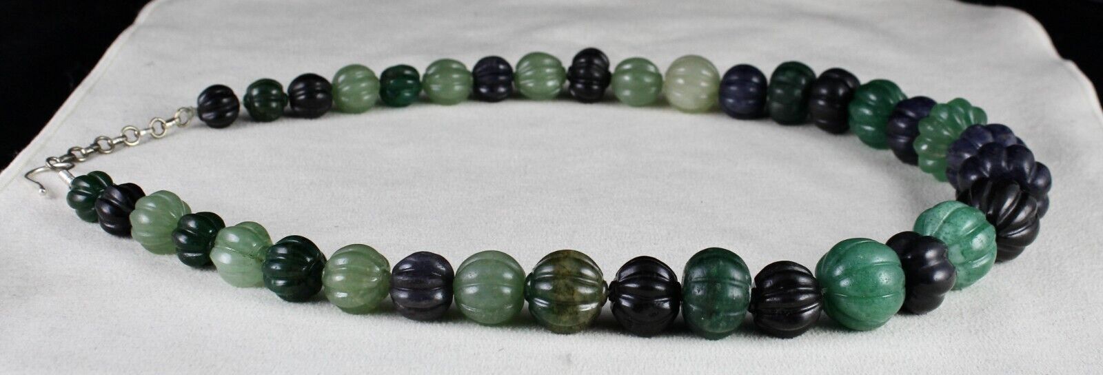 Natural Multi Jade Melon Carved Beads 960 Ct Blue Green Gemstone Silver Necklace