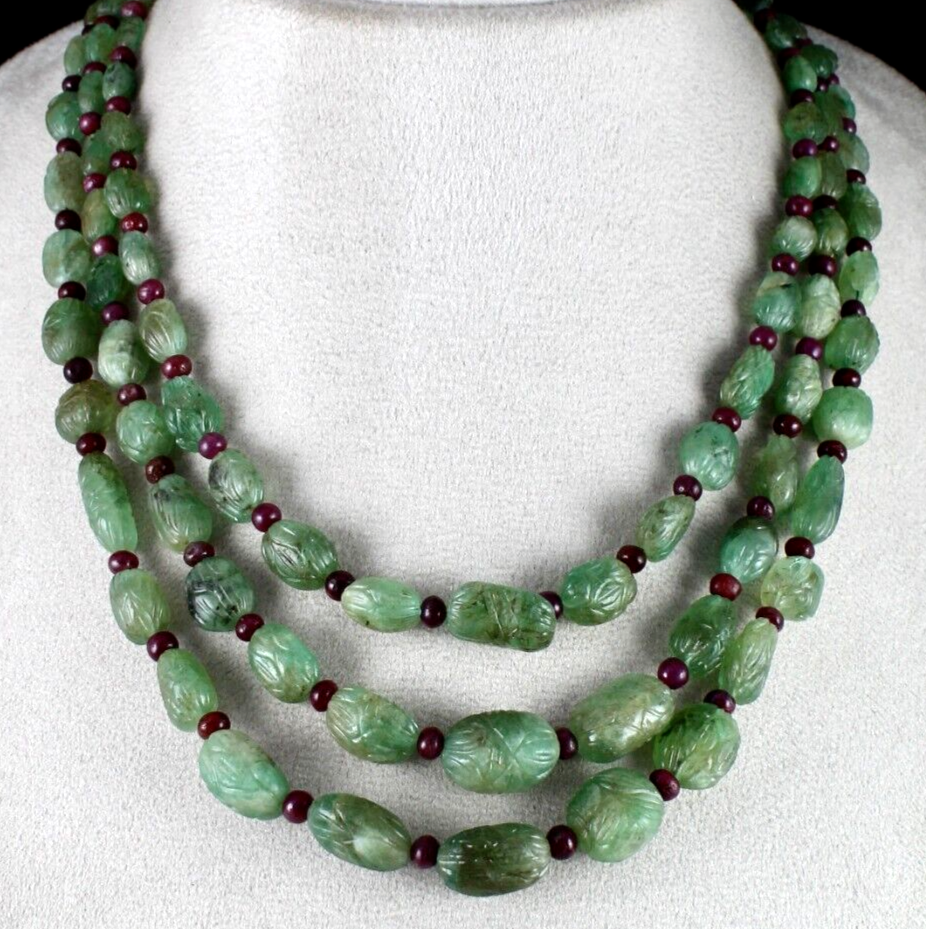 Certified Antique Natural Emerald Ruby 632 Cts Beaded Carved Drill Necklace
