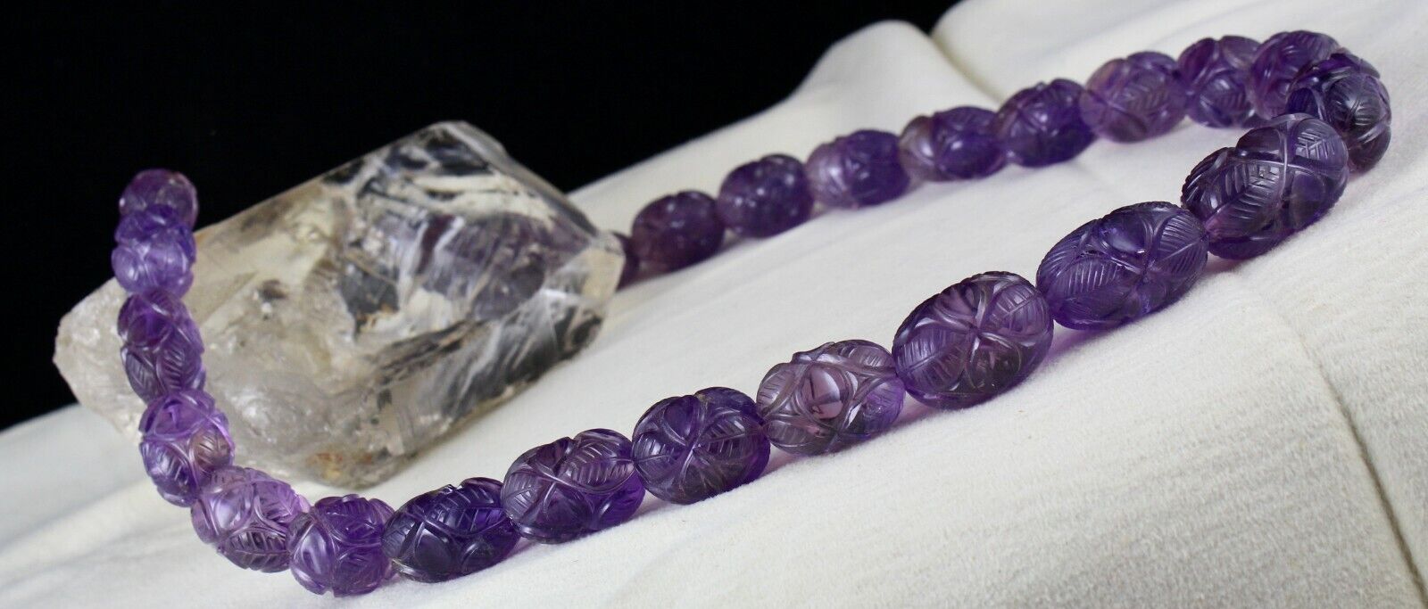 NATURAL AMETHYST ENGRAVED BEADS 955 CT PURPLE GEMSTONE SILVER VINTAGE NECKLACE