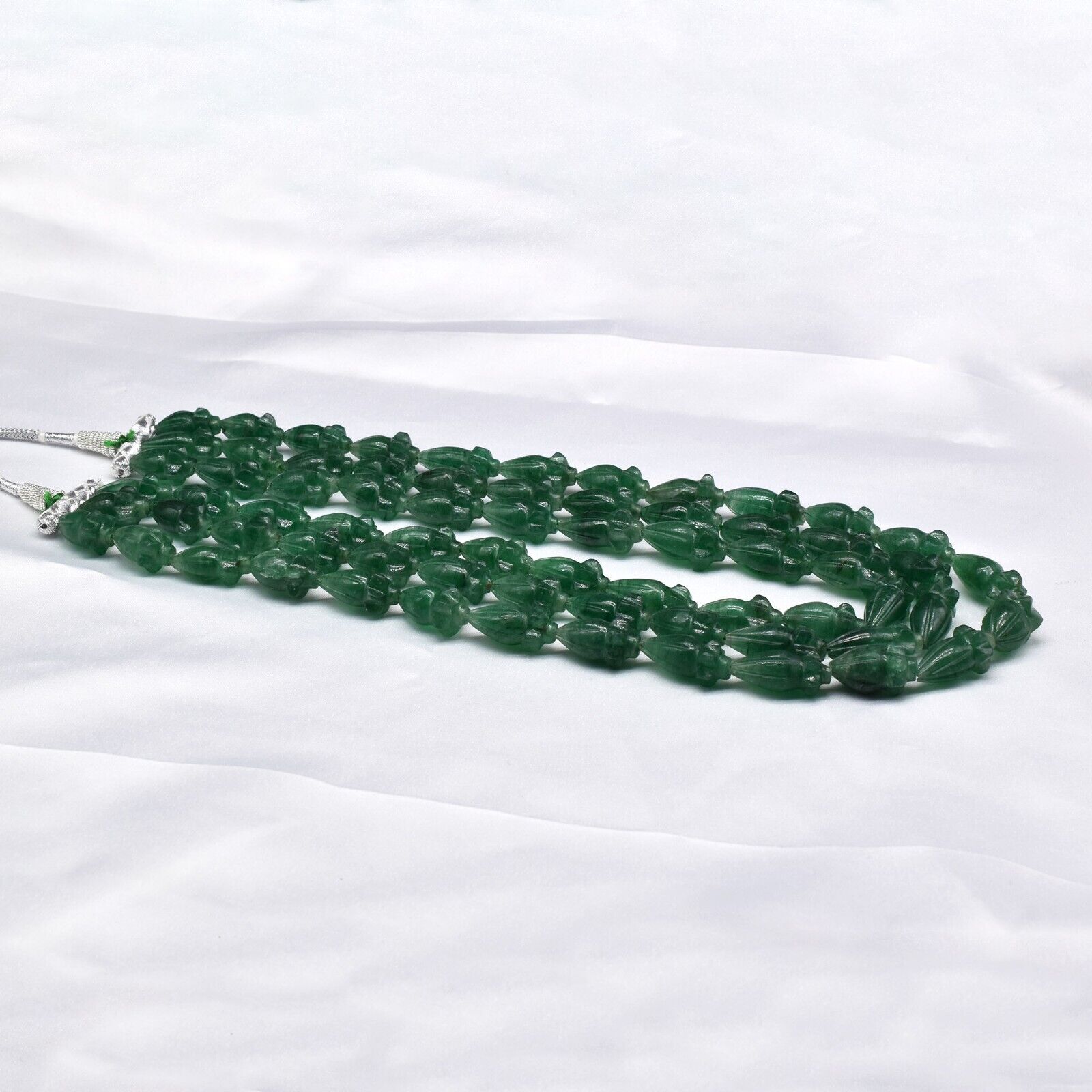 Natural Green Aventurine Quartz Engraved Beaded Necklace 3L 960 Ct Pear Gemstone