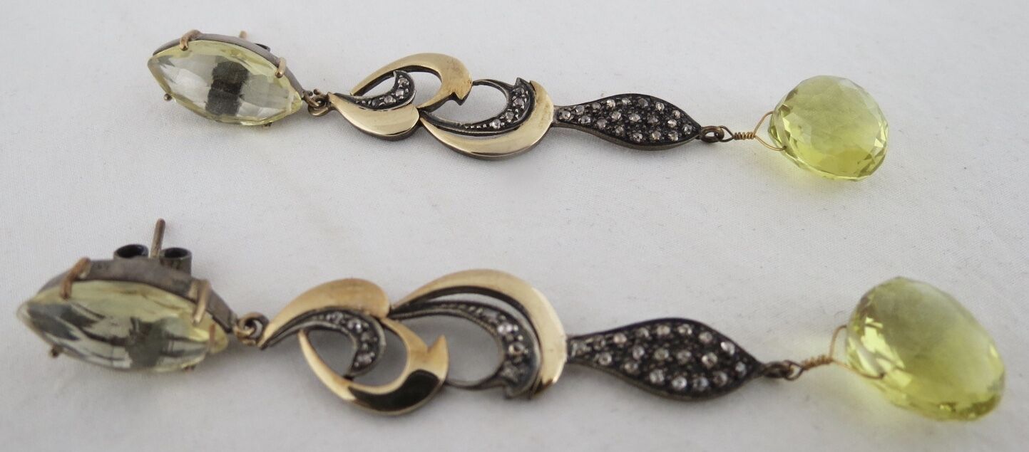 NATURAL LEMON QUARTZ TEAR DROPS DIAMOND 18K GOLD 925 SILVER VICTORIAN EARRING