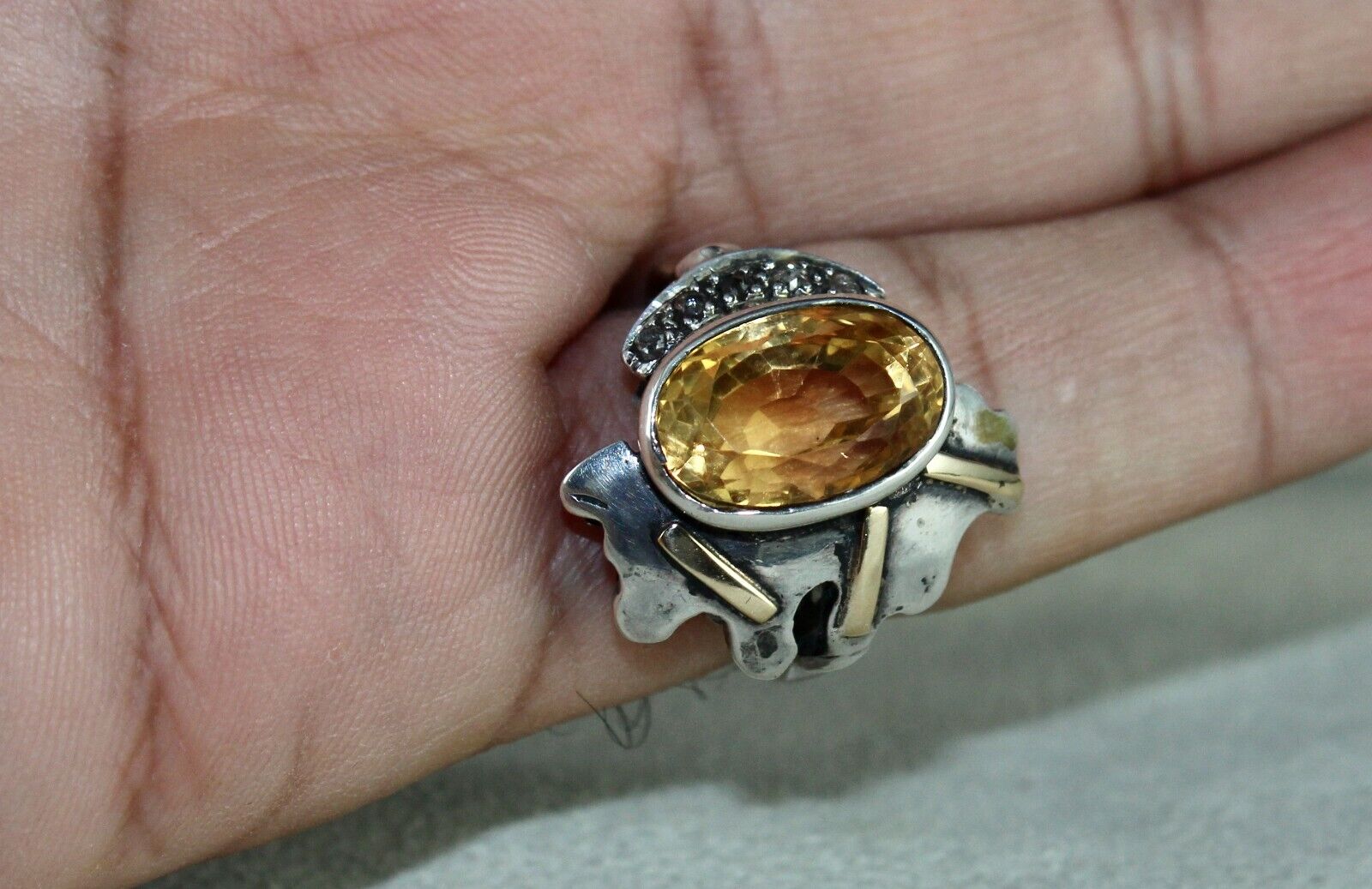NATURAL YELLOW CITRINE OVAL CUT DIAMOND 18K GOLD SILVER VINTAGE MEN WOMEN RING