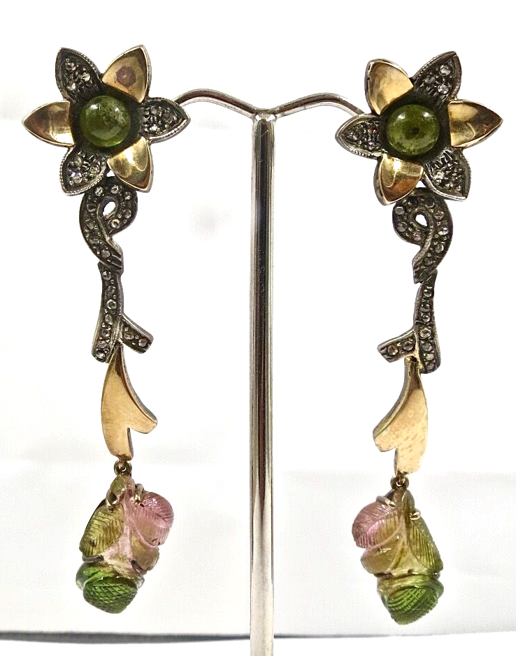 Natural Multi Tourmaline Carved Diamond 18 K Gold 925 Silver Victorian Earring