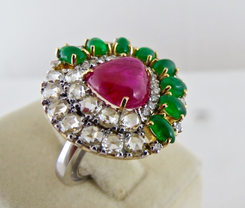 Natural Burma Ruby Zambia Emerald Cabochon White Diamond 18K Gold Statement Ring