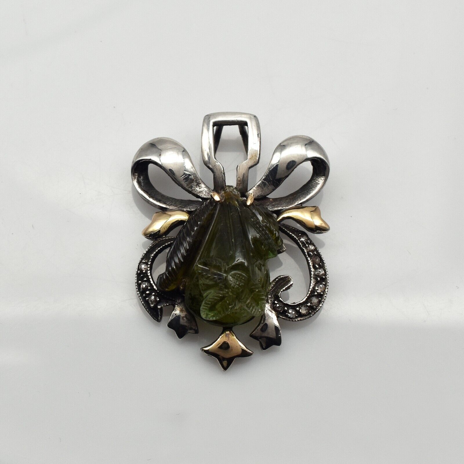 Vintage Natural Green Chrome Tourmaline Diamond Silver & Gold Victorian Pendant