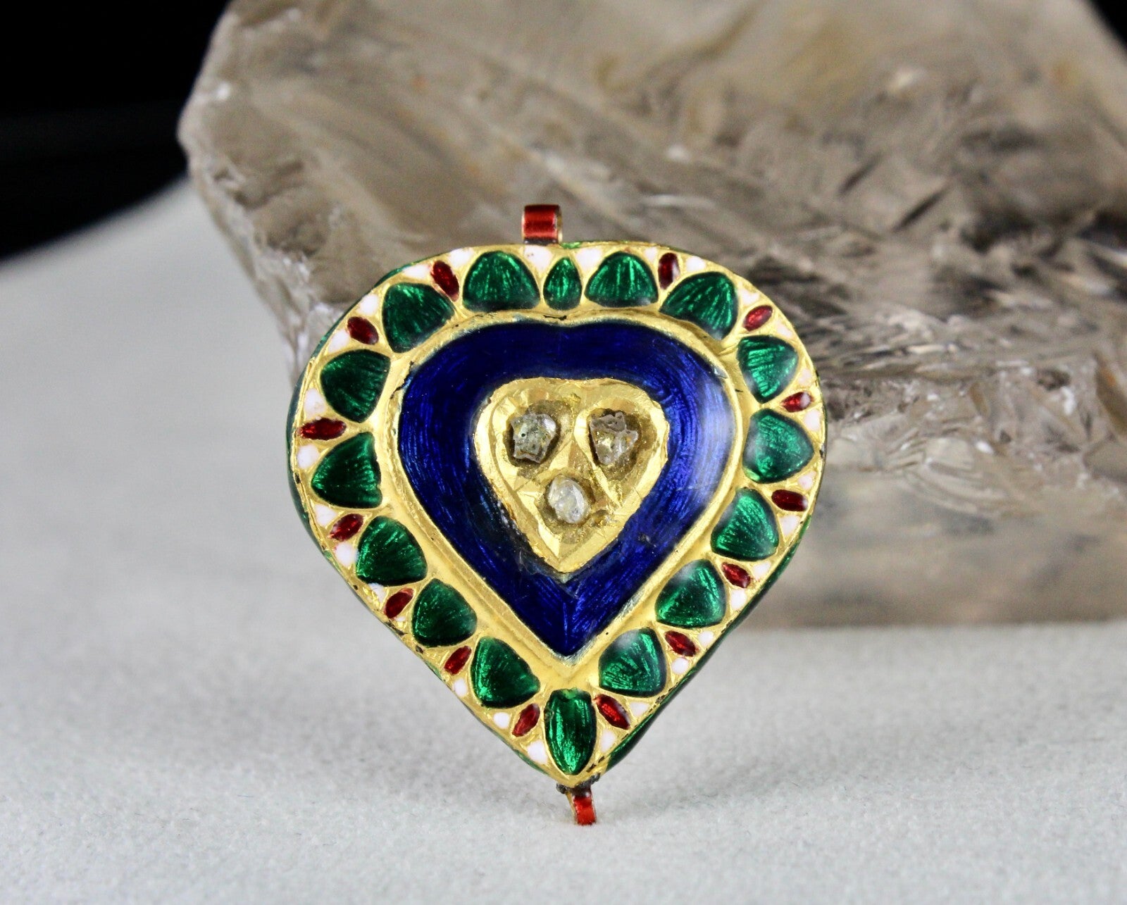 Antique Green Blue Jadau 62.75ct Natural Diamond 22k Kundan Meena Gold Pendant