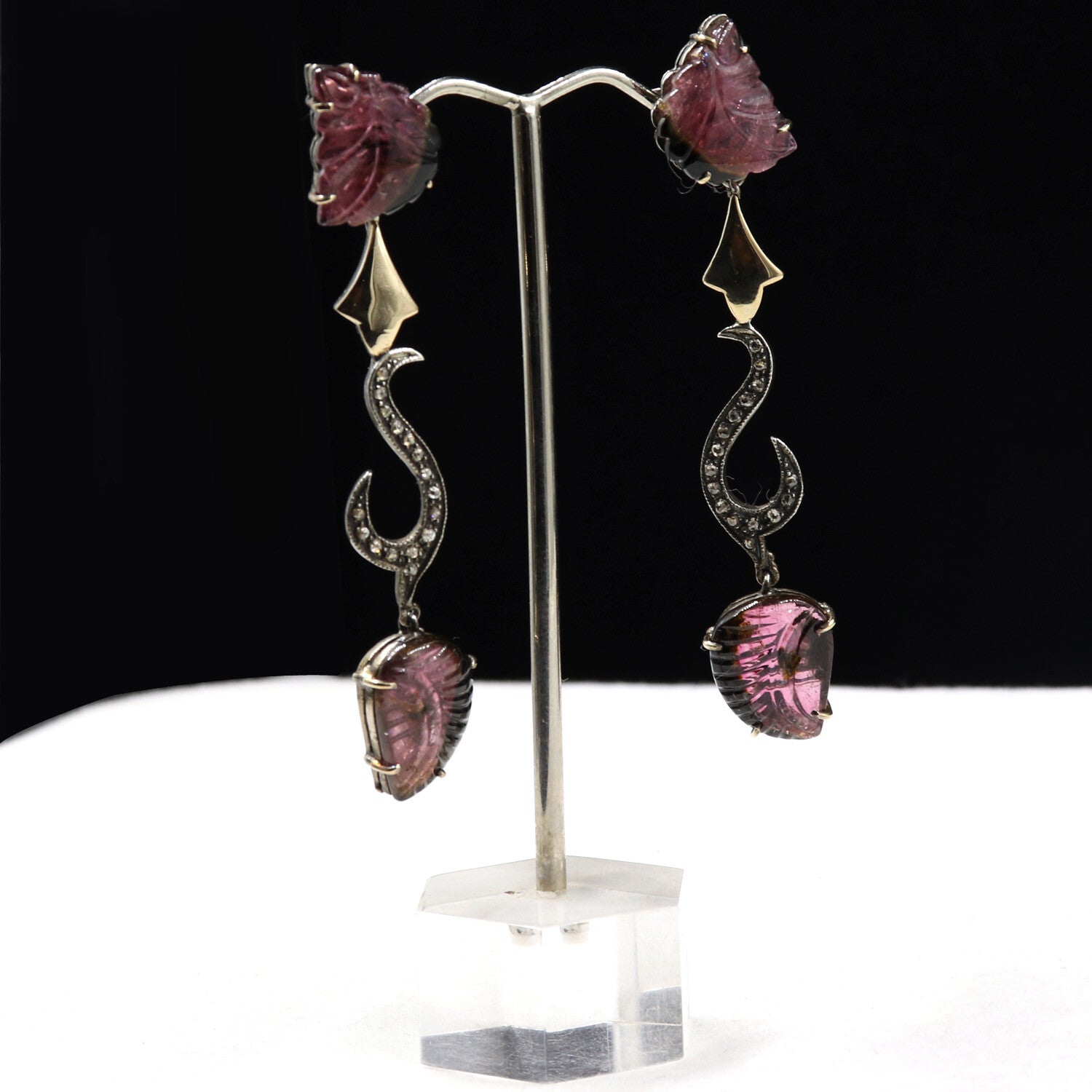 Bi Color Tourmaline 73ct Natural Diamond 18k Gold 925 Silver Victorian Earrings