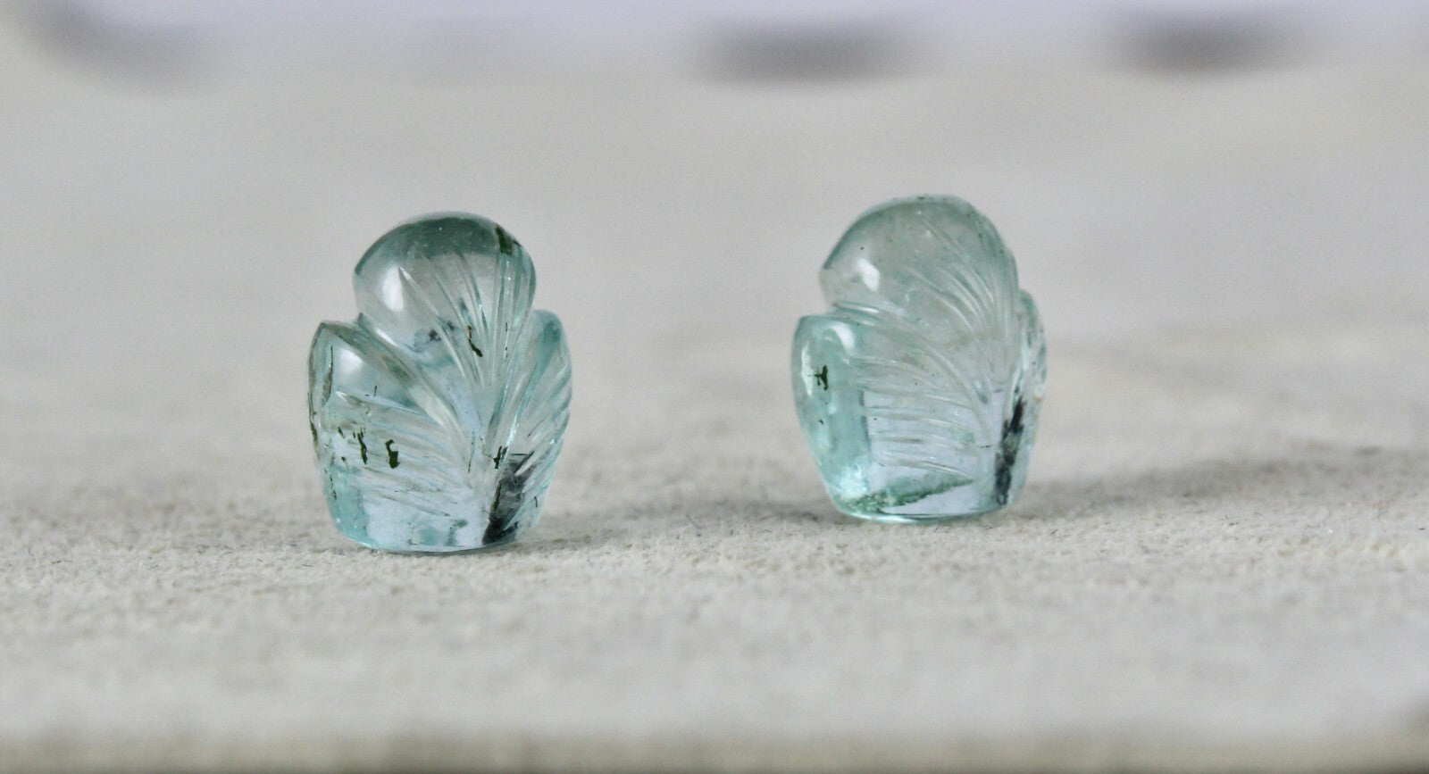 Natural Blue Aquamarine 13.88ct Carved Leaves Gemstone Earring Pair