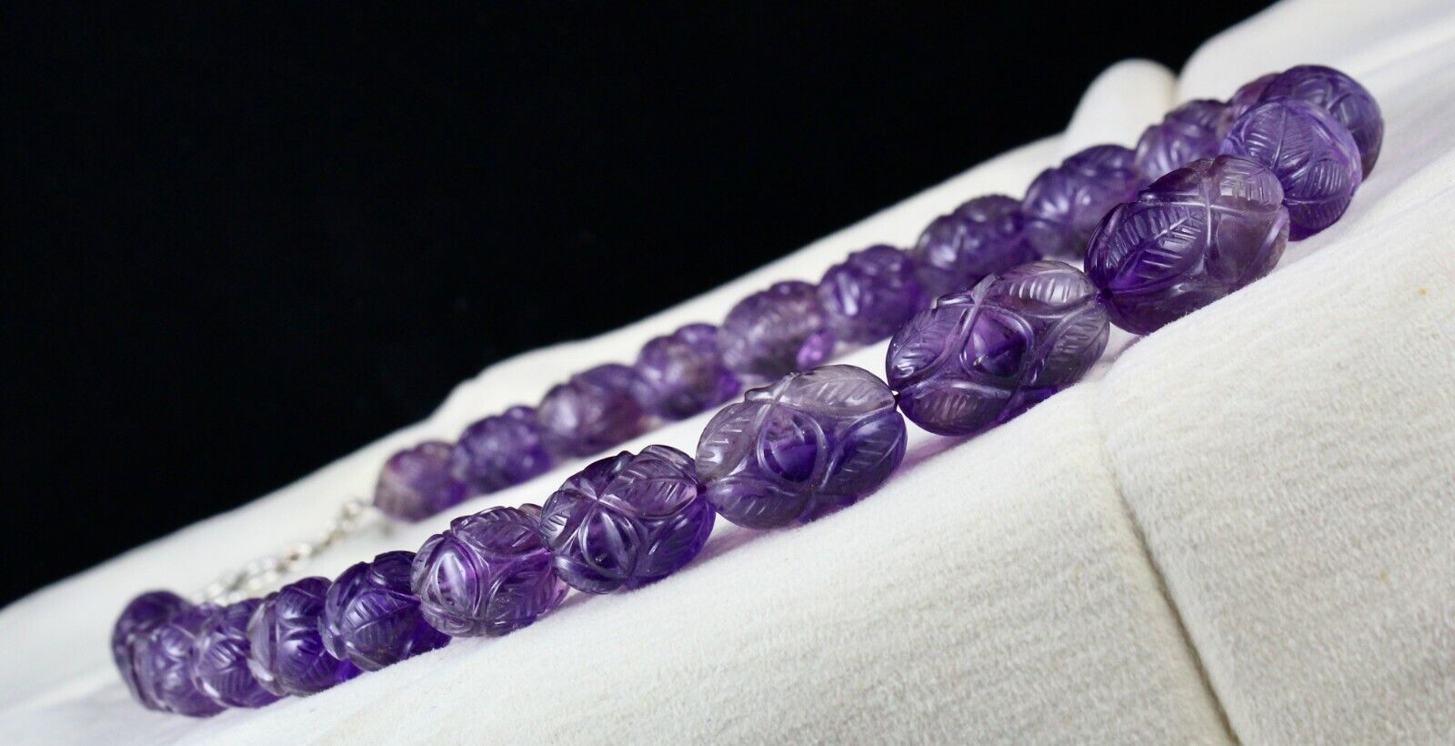 NATURAL AMETHYST ENGRAVED BEADS 955 CT PURPLE GEMSTONE SILVER VINTAGE NECKLACE