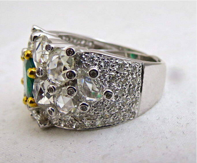 TOP NATURAL ZAMBIAN EMERALD ROUND CUT ROSE CUT DIAMOND 18K GOLD STATEMENT RING