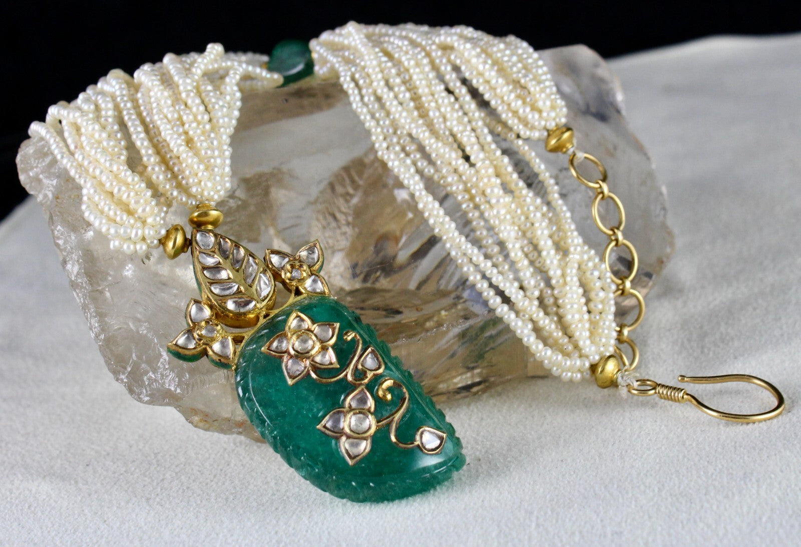 Certified Natural Zambia Emerald 10ct Natural Diamond Gold Jadau Necklace