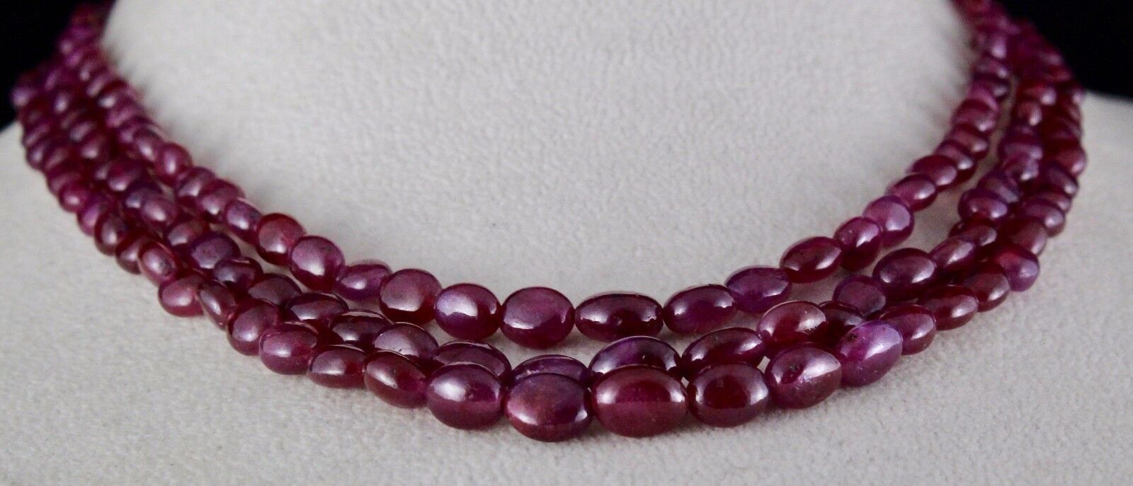 NATURAL UNTREATED RUBY BEADS LONG CABOCHON 3 LINE 318 CTS GEMSTONE NECKLACE