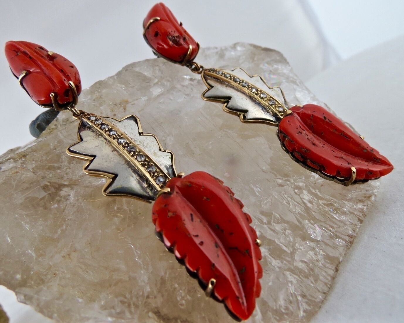 NATURAL CORAL CARVED 19.50 CARATS LEAVES DIAMOND 925 SILVER 18K GOLD EARRING