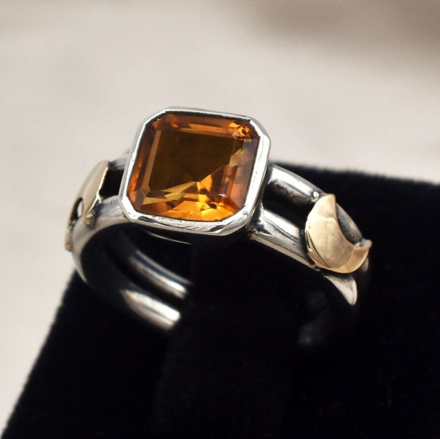 Vintage Yellow Citrine Ring 18k Gold 925 Silver Women Men November Birthstone