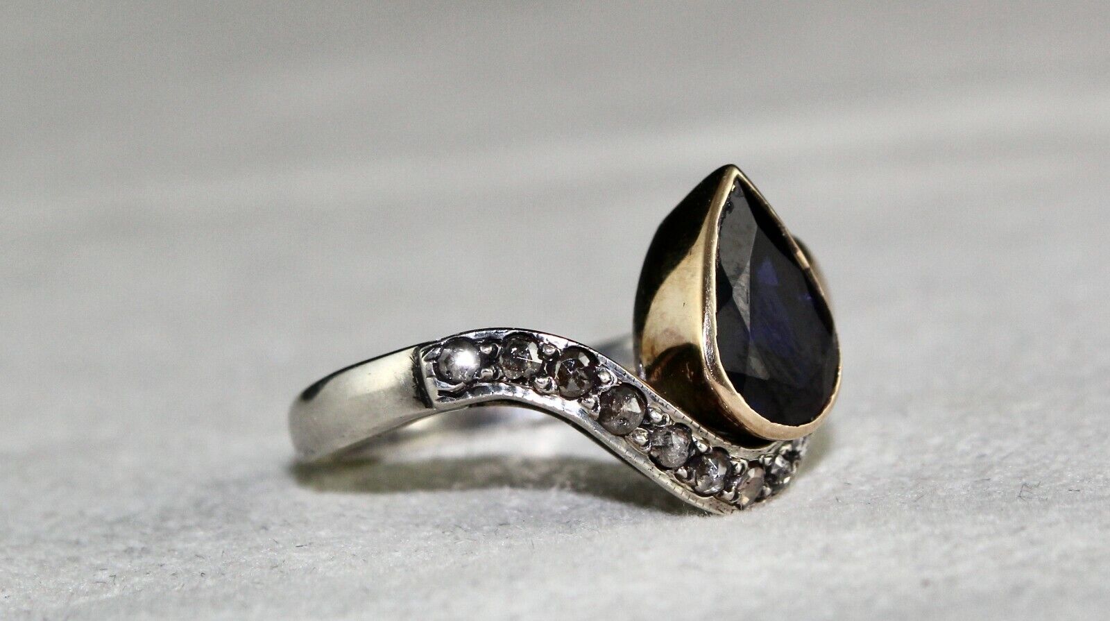 OLD NATURAL BLUE IOLITE PEAR CUT DIAMOND 18K GOLD SILVER VICTORIAN WOMEN RING