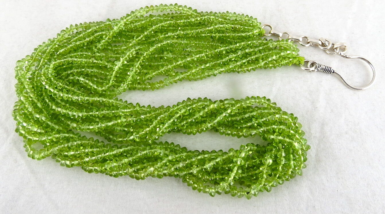 Natural Peridot Beads Round Button 10 L 445 Ct Green Gemstone Silver Necklace