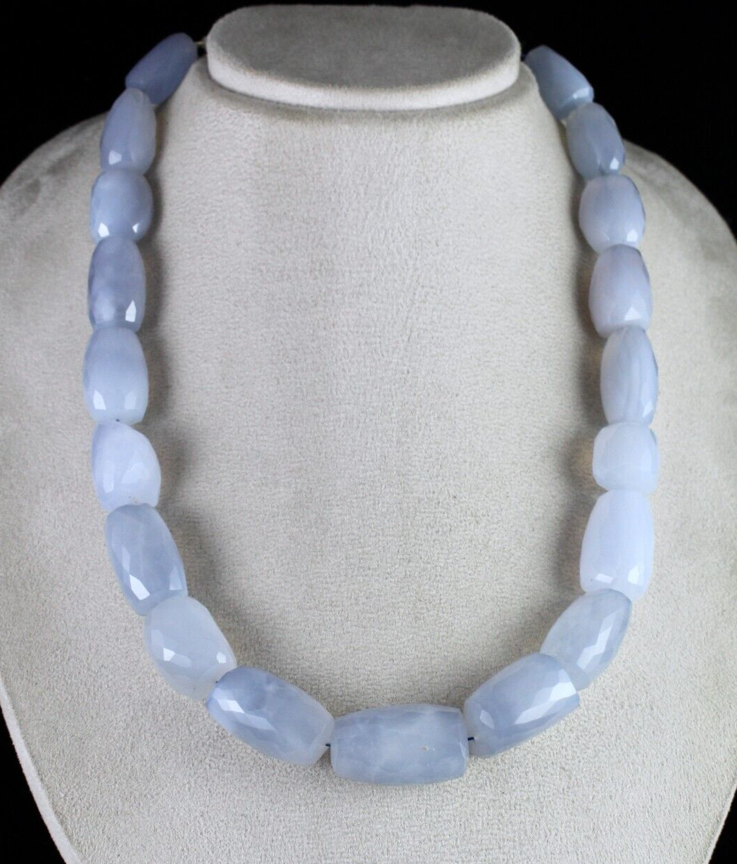 Certified Natural Blue Chalcedony 1065 Ct Faceted Beads Sterling Silver Necklace