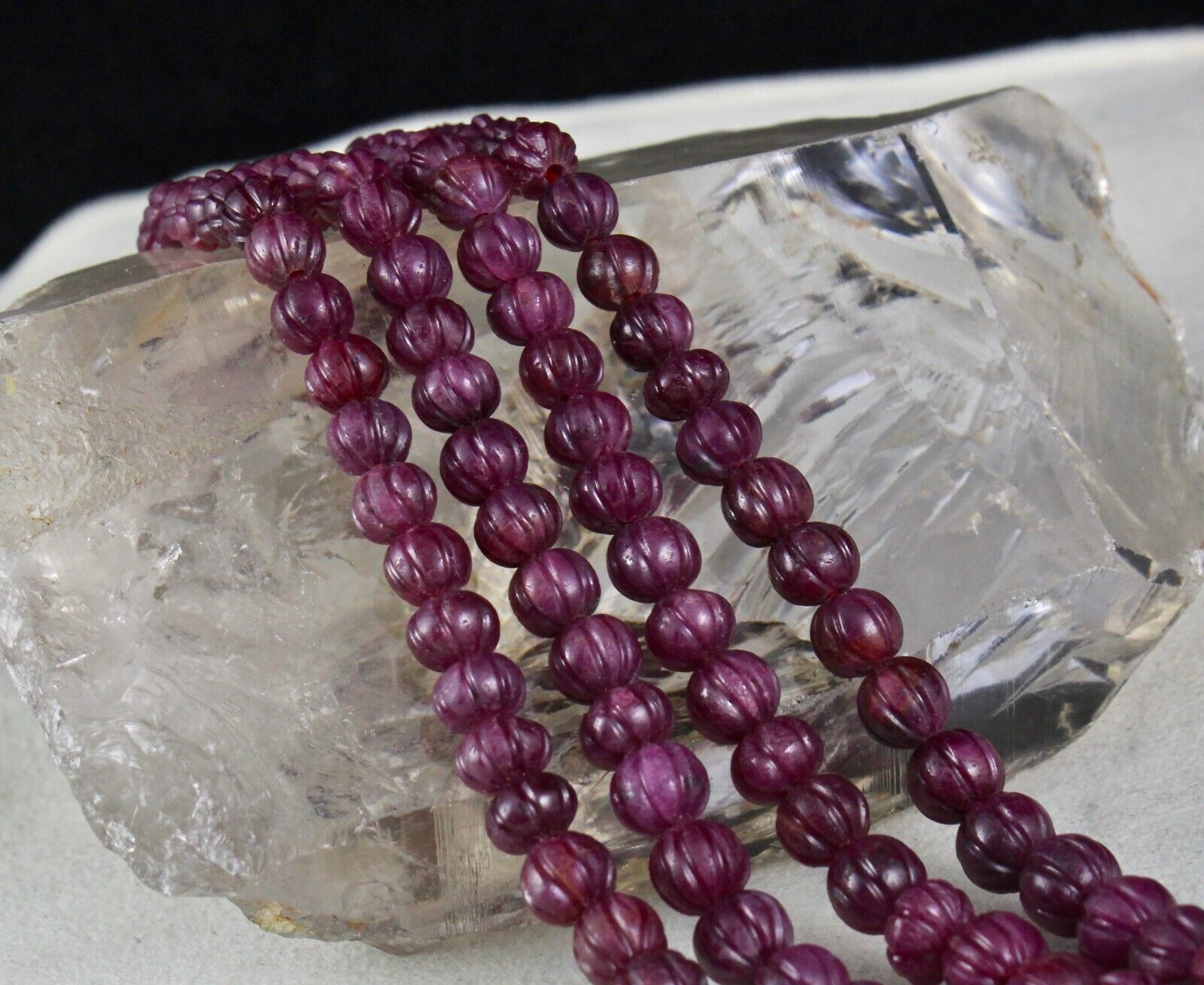 FINE NATURAL RUBY BEADS CARVED MELON 2 LINE 403 CARAT PRECIOUS GEMSTONE NECKLACE