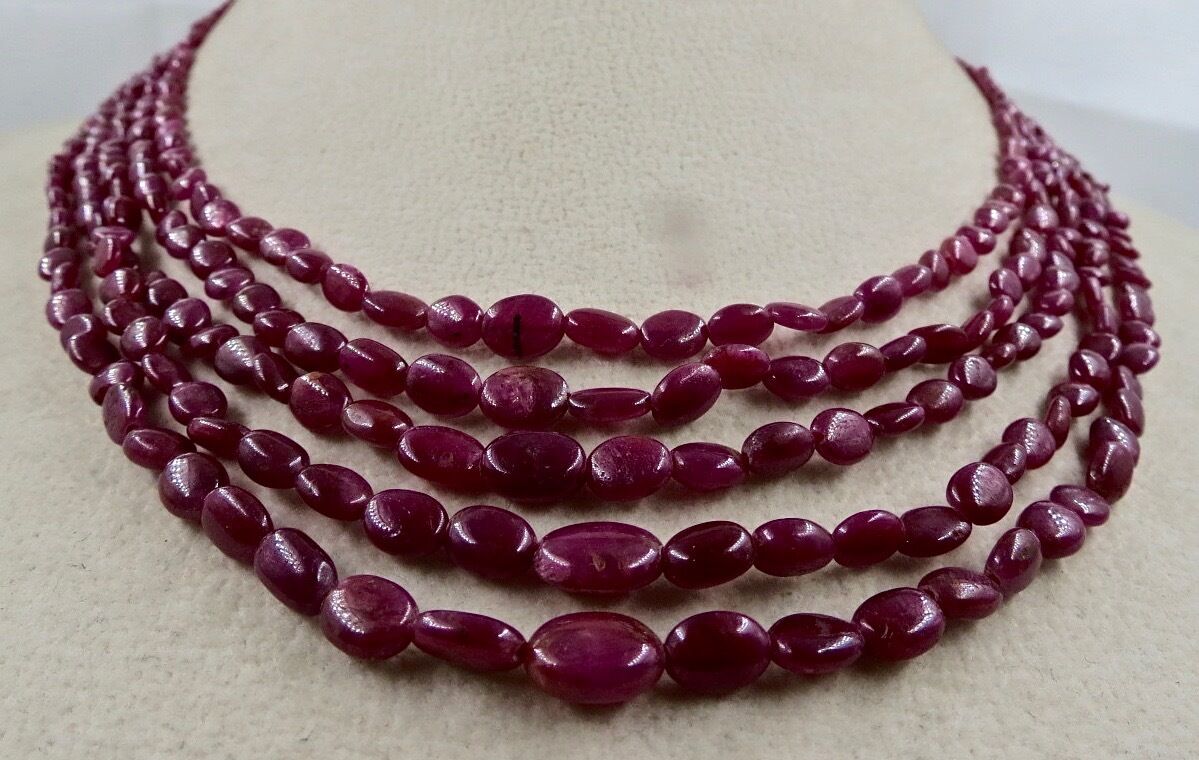 UNHEATED NATURAL RUBY BEADS LONG 5 LINE 188 CARATS GEMSTONE BEADED NECKLACE