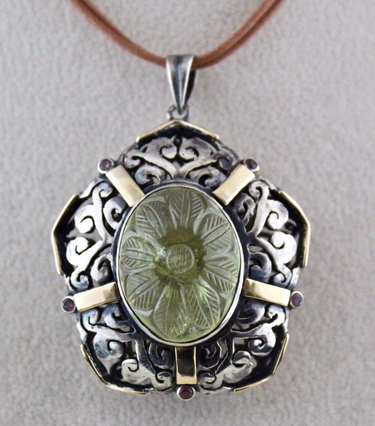 Natural Lemon Quartz Carved Oval Garnet Cut 18K Gold 925 Silver Carved Pendant