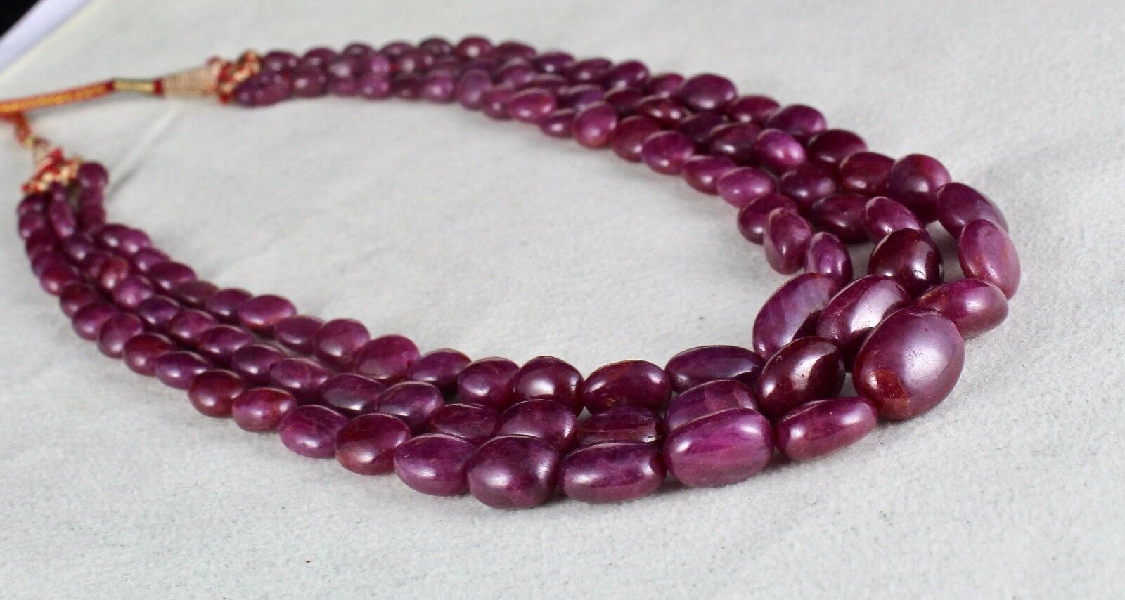 NATURAL UNTREATED RED RUBY BEADS CABOCHON 3 LINE 595 CARATS GEMSTONE NECKLACE